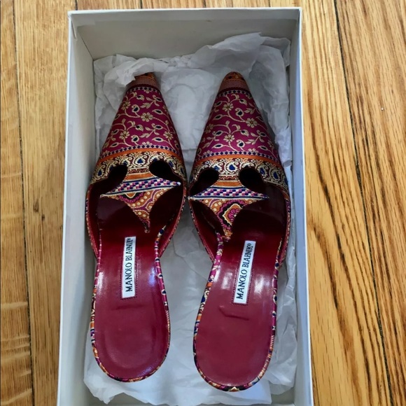 Manolo Blahnik Pink Paisley Mules Pointed Toe - Picture 4 of 8